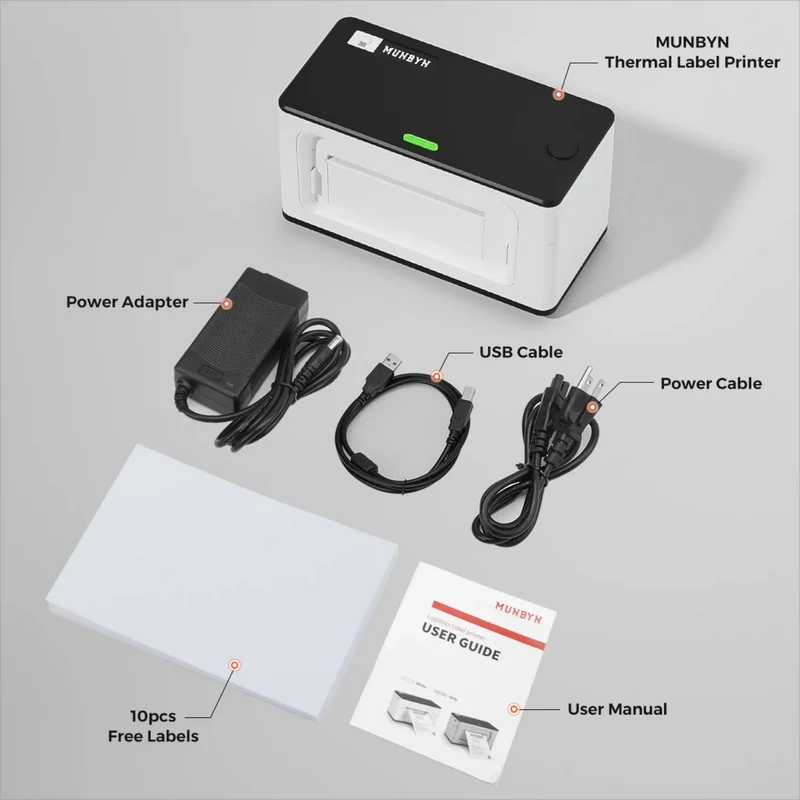 MUNBYN RealWriter 941B Bluetooth Drucker & Rechteck Etiketten Kleidung Produkt Starter Set