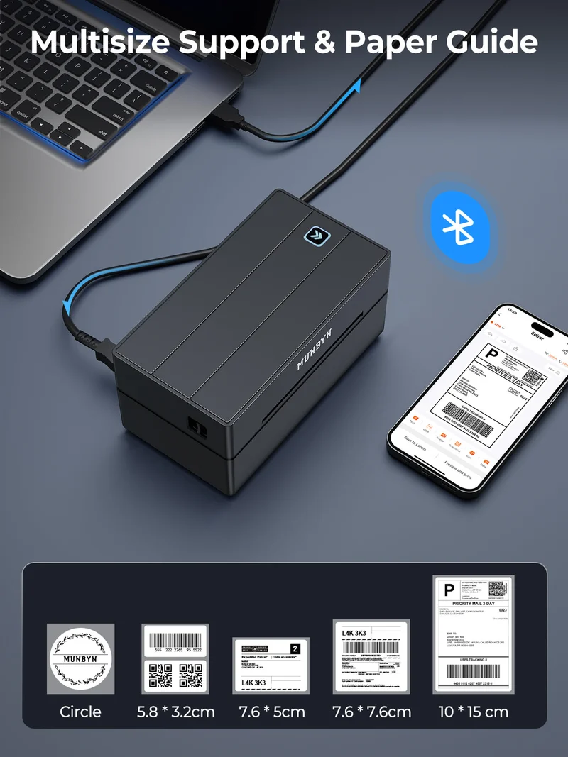 MUNBYN 130B Bluetooth Drucker & 4x6 Falt Etiketten Kleidung Versand Starter Set