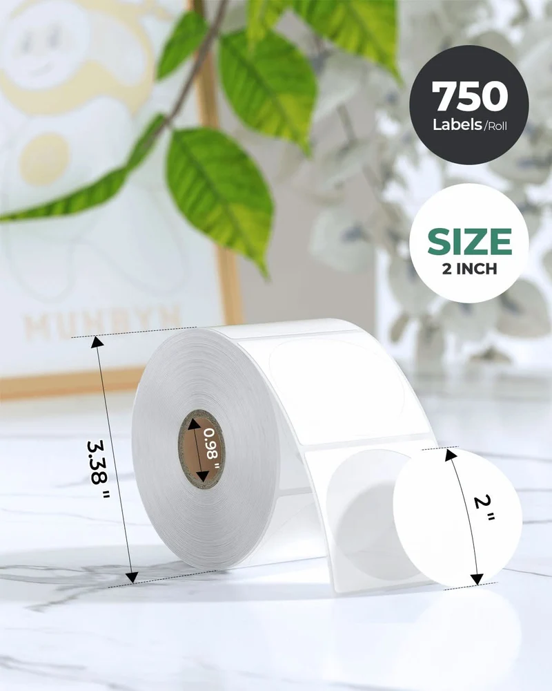 MUNBYN 2" Circle Thermal Label Bundles for Product, Logo and Multi-Purpose Stickers (750/Roll)