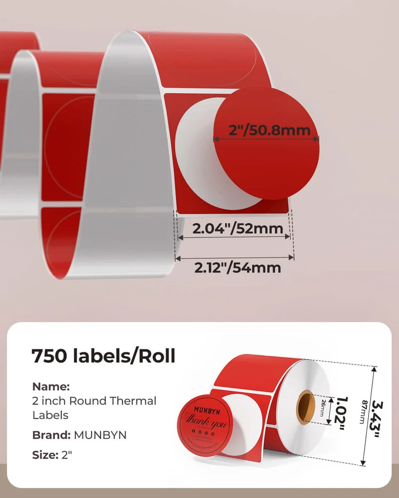 MUNBYN 2" Circle Thermal Label Bundles for Product, Logo and Multi-Purpose Stickers (750/Roll)