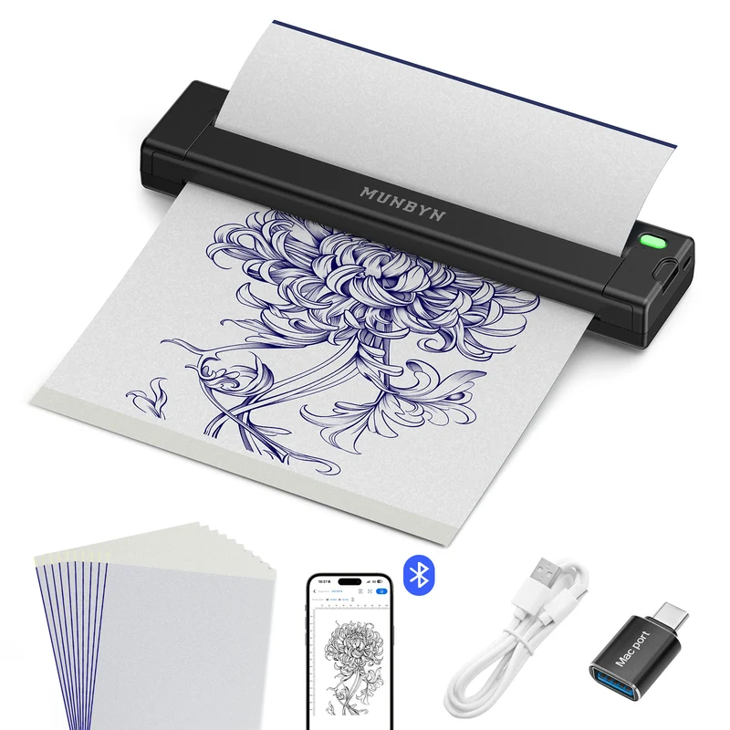 MUNBYN ITP05S Tattoo Stencil Bluetooth Thermal Printer with 20 Sheets Transfer Paper