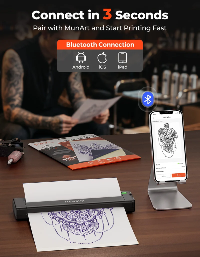 MUNBYN ITP05S Tattoo Stencil Bluetooth Thermal Printer with 20 Sheets Transfer Paper