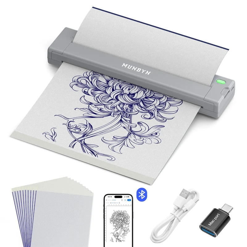 MUNBYN ITP05S Tattoo Stencil Bluetooth Thermal Printer with 20 Sheets Transfer Paper
