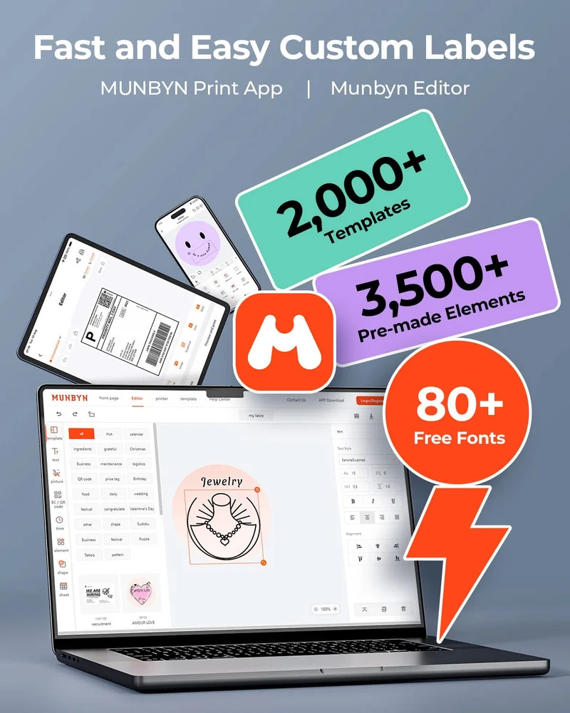 MUNBYN RW403B Bluetooth Thermal Label Printer Starter Bundle