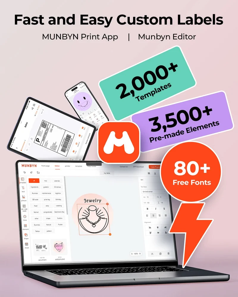 MUNBYN RW403B Bluetooth Thermal Label Printer Starter Bundle