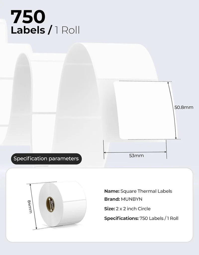 MUNBYN 2" x 2" Square Thermal Labels for Product and Packaging Stickers