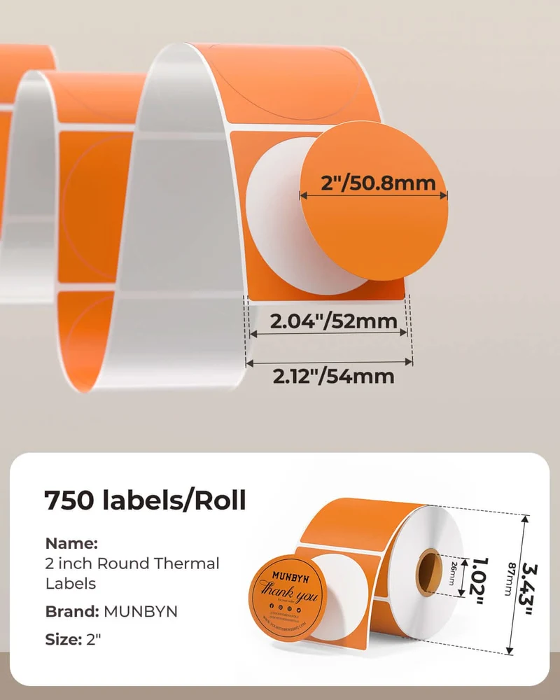 MUNBYN 2" Circle Thermal Label Bundles for Product, Logo and Multi-Purpose Stickers (750/Roll)