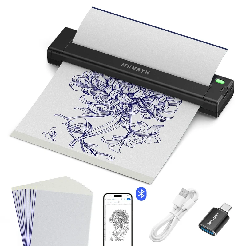 MUNBYN ITP05S Tattoo Stencil Bluetooth Thermal Printer with 20 Sheets Transfer Paper