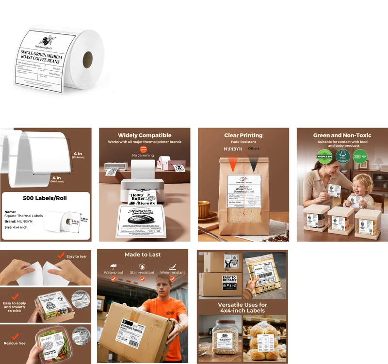 MUNBYN 4"x 4" Perforated Generic Thermal Labels for Small Business & Bakery
