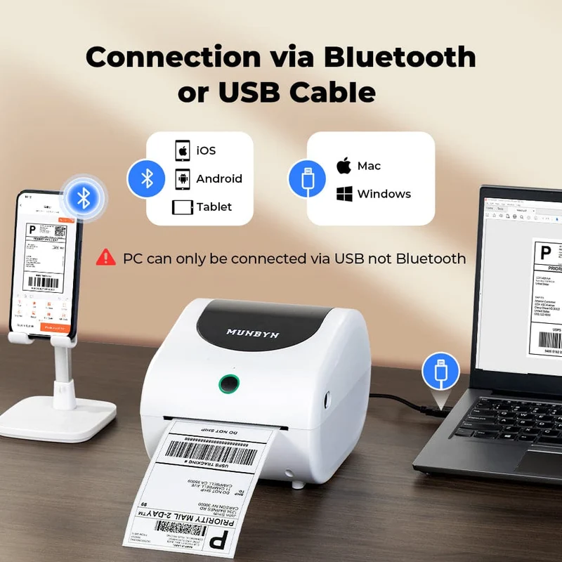 MUNBYN RW411B Bluetooth 4x6 Thermal Label Printer with Paper Tray for Daily Shipping