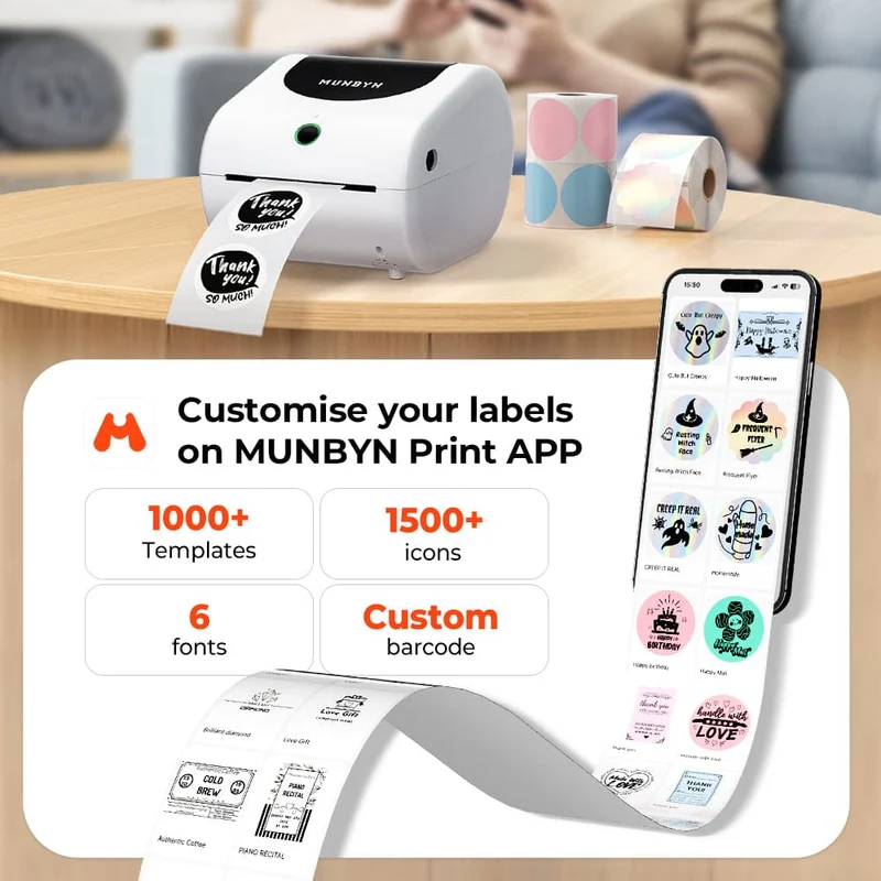 MUNBYN RW411B Bluetooth 4x6 Thermal Label Printer with Paper Tray for Daily Shipping