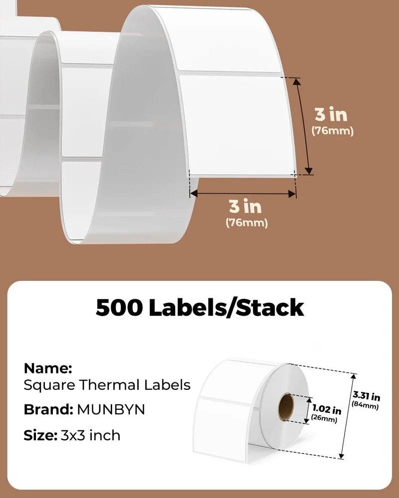 MUNBYN 3" x 3" Square Thermal Labels for Product and Logo Stickers