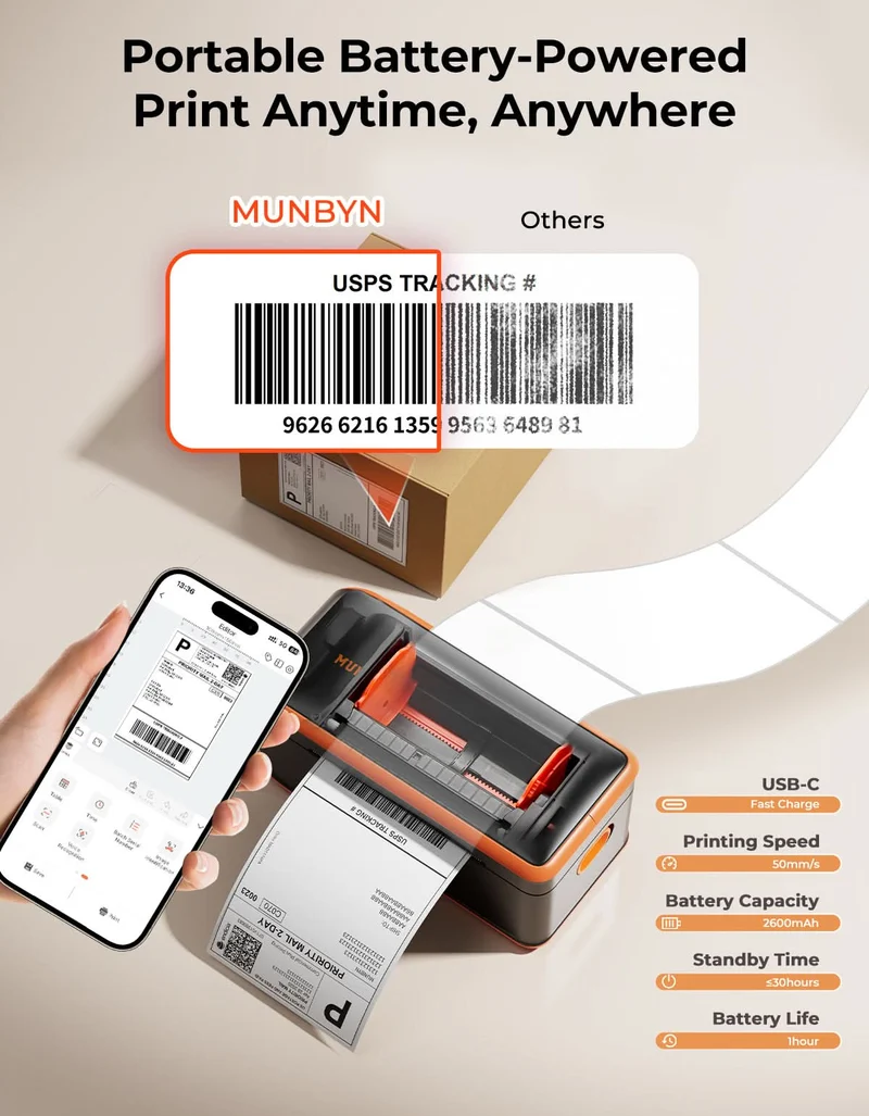 MUNBYN MC240 Battery-Powered Wireless Label Printer for Mobile Labeling