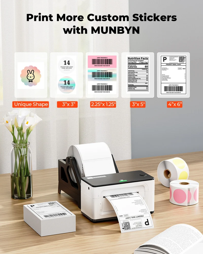 MUNBYN 941BP 300DPI Bluetooth Drucker & Rechteck Etiketten Supplement Produkt Starter Set