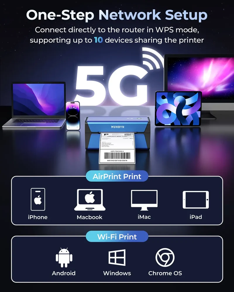 MUNBYN RealWriter 401AP 300DPI AirPrint Kabellos Drucker & Kreis Etiketten Haustier Produkt Info Set