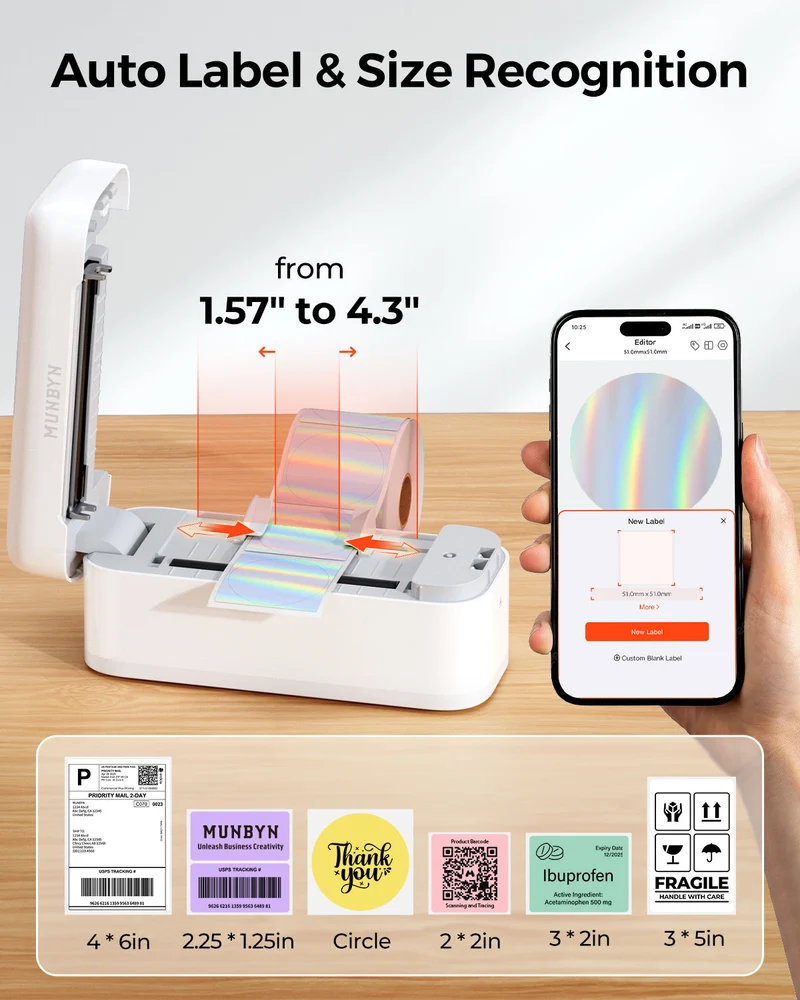 MUNBYN RealWriter 402B Bluetooth Drucker & Kreis Etiketten Kleidung Verpackung Branding Set