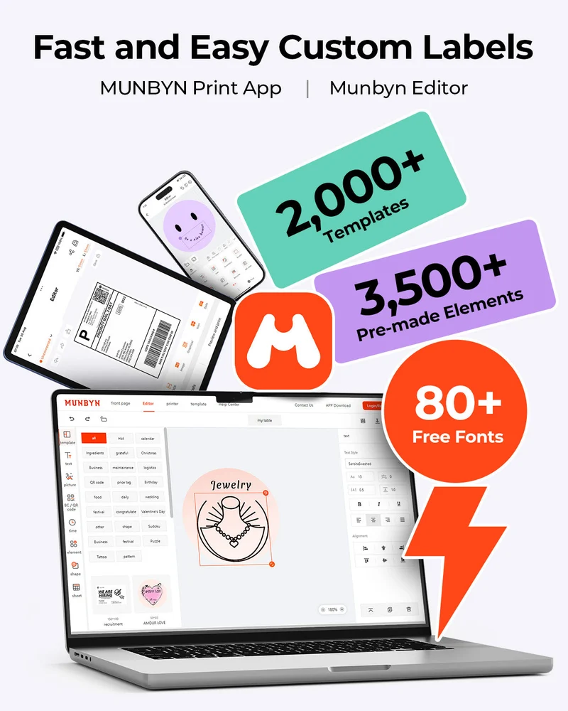 MUNBYN RealWriter 403B Bluetooth Drucker & Morandi Etiketten TikTok Verpackung & Branding Elegant Set