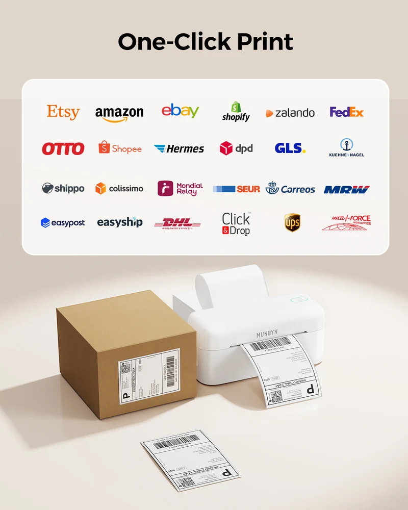 MUNBYN RealWriter 402B Bluetooth Drucker & Kreis Etiketten Shopify Verpackung & Branding Elegant Set