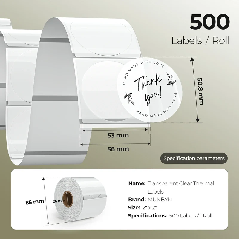 MUNBYN 2" Clear Direct Thermal Labels for Logos and Packaging