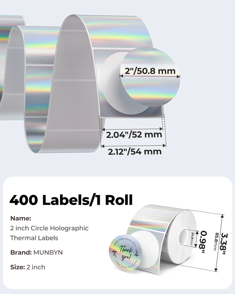 MUNBYN Holographic Silver Thermal Labels for Product Packaging