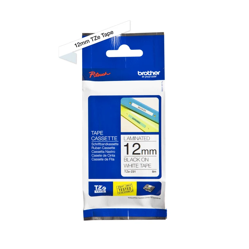 Cassette originale à ruban pour étiqueteuse Brother 12mm noir sur blanc - TZe-231