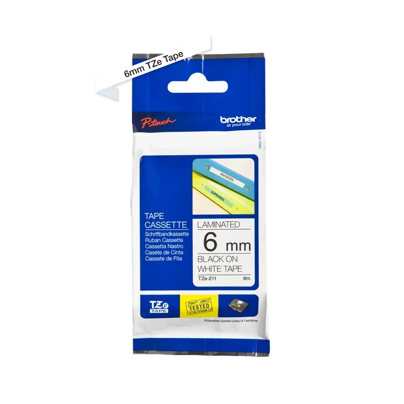 Cassette originale à ruban pour étiqueteuse Brother 6mm noir sur blanc - TZe-211