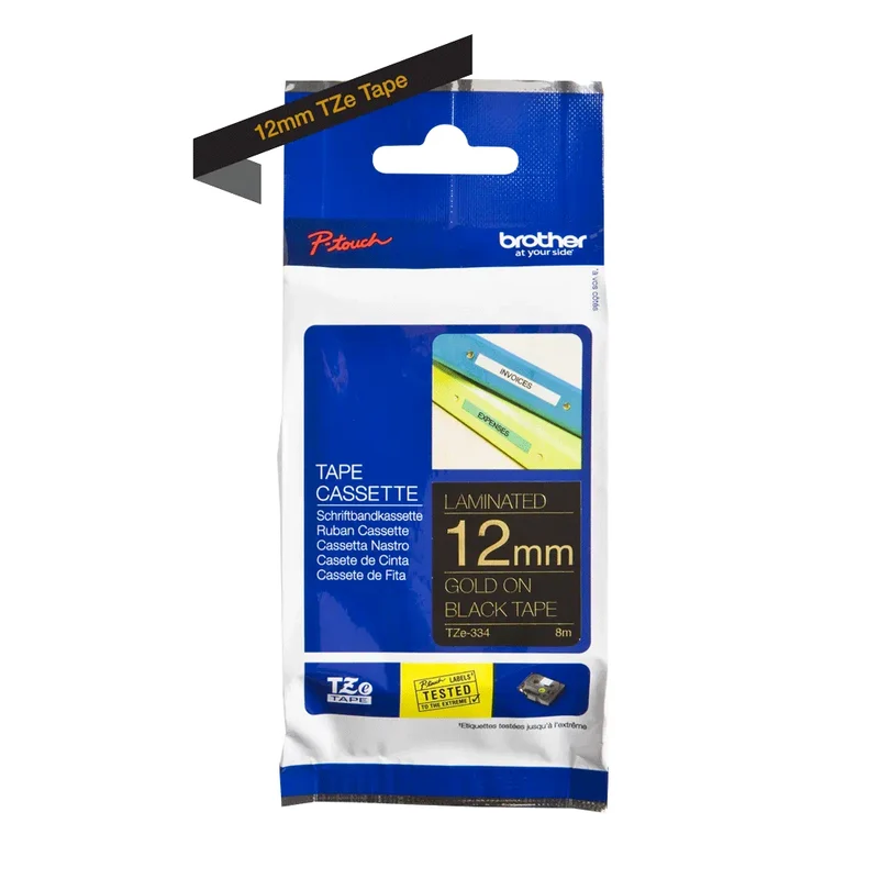 Cassette originale à ruban pour étiqueteuse Brother 12mm doré sur noir - TZe-334