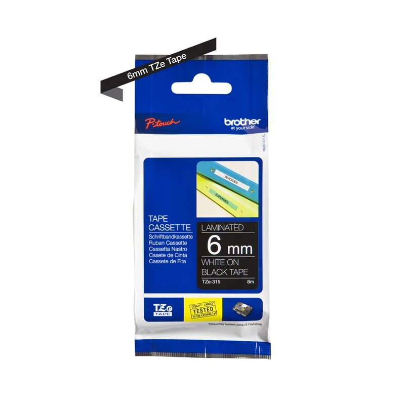 Cassette originale à ruban pour étiqueteuse Brother 6mm blanc sur noir - TZe-315