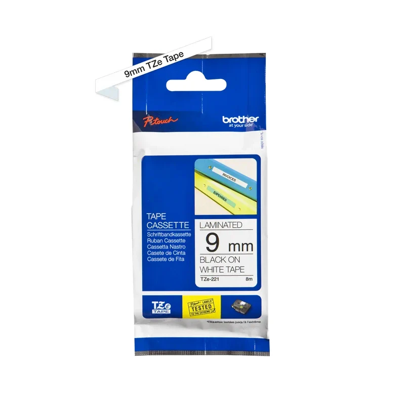 Cassette originale à ruban pour étiqueteuse Brother 9mm noir sur blanc - TZe-221