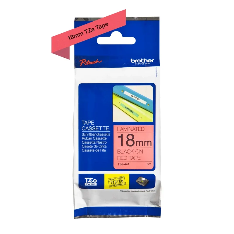Cassette originale à ruban pour étiqueteuse Brother 18mm noir sur rouge - TZe-441