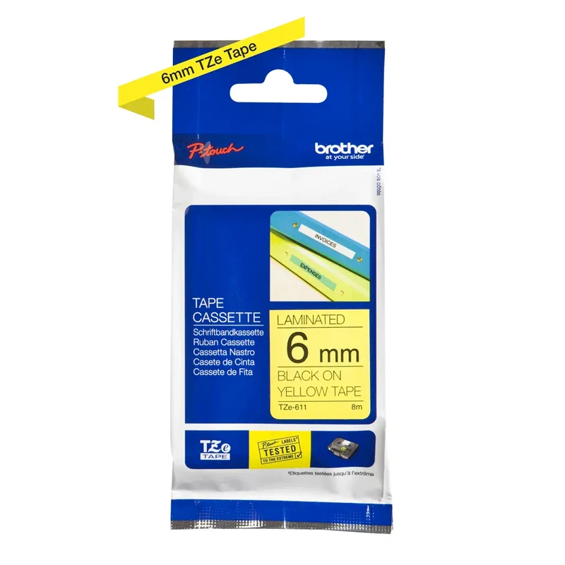 Cassette originale à ruban pour étiqueteuse Brother 6mm noir sur jaune - TZe-611