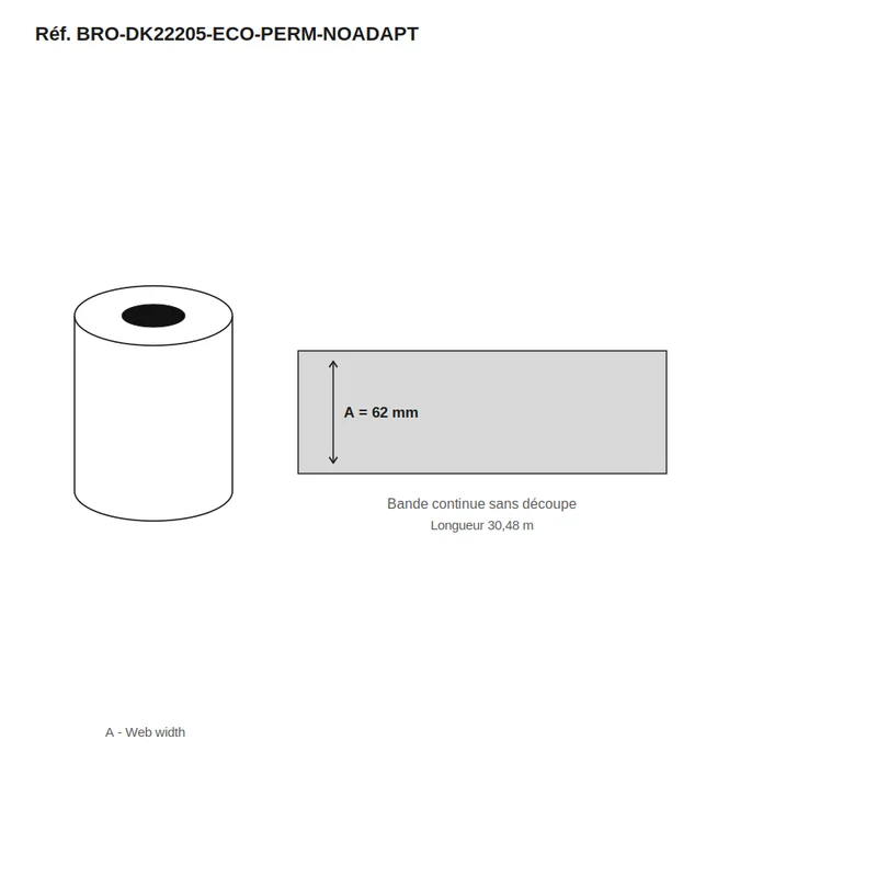 Étiquettes Brother DK-22205 62x30,48 m Thermal Eco, Permanent sans adaptateur - lot de 120 rouleaux (30,48 m/rouleau) - Réf. BRO-DK22205-ECO-PERM-NOADAPT