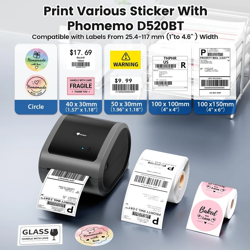 Phomemo D520BT Bluetooth Thermal Printer - DHL Label Printer for Labels 4 x 6, Label Printer for Barcode Shipping Labels Compatible with Ebay,Amazon,Etsy,Shopify, UPS,FedEx etc, Grey