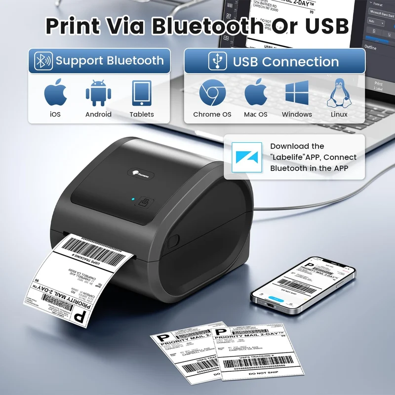 Phomemo D520BT Bluetooth Thermal Printer - DHL Label Printer for Labels 4 x 6, Label Printer for Barcode Shipping Labels Compatible with Ebay,Amazon,Etsy,Shopify, UPS,FedEx etc, Grey