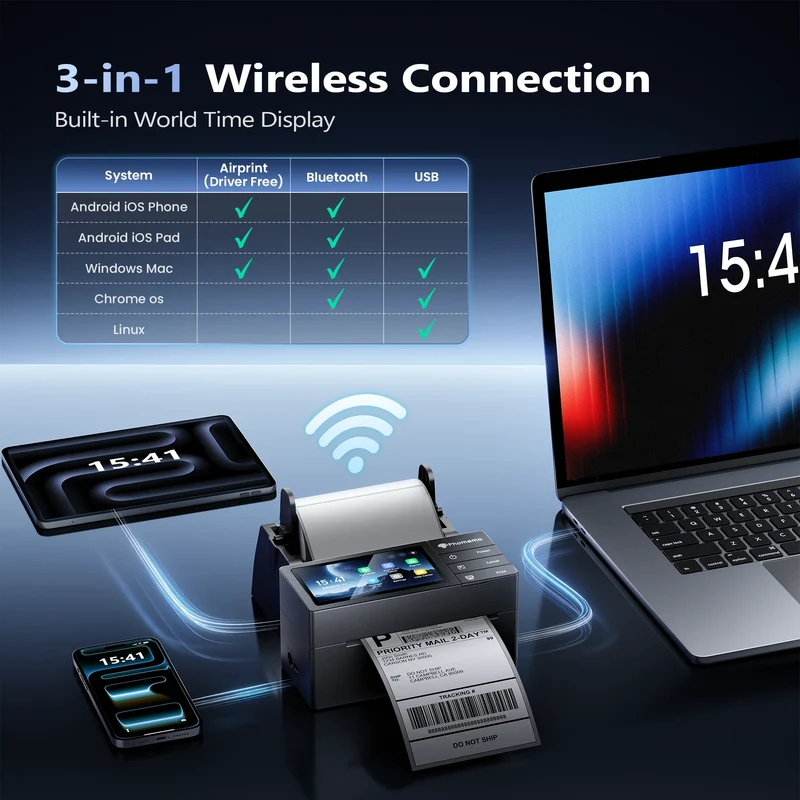 Phomemo PM643 Touchscreen Wireless AirPrint Shipping Label Printer with Label Holder