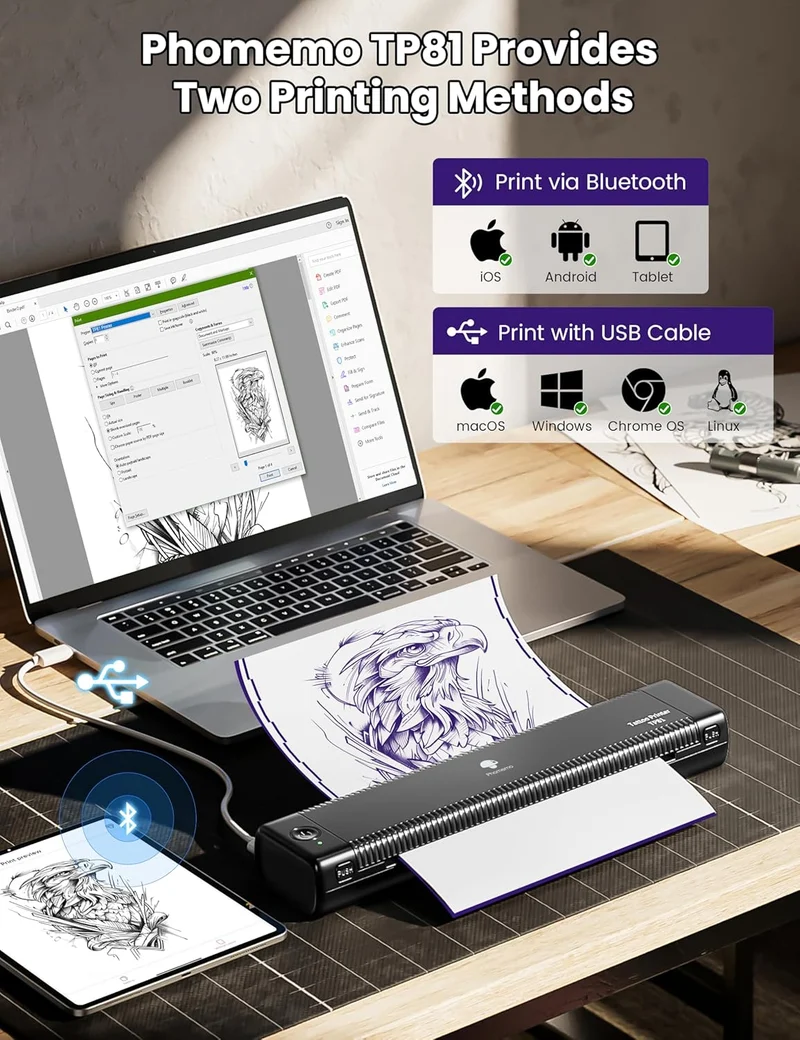 Phomemo TP81 (Upgraded) Wireless Tattoo Stencil Printer, Thermal Tattoo Printer with 10pcs Transfer Paper, Tattoo Printer for Tattoo Artists & Beginners, Compatible with Tablet,Smartphone & PC