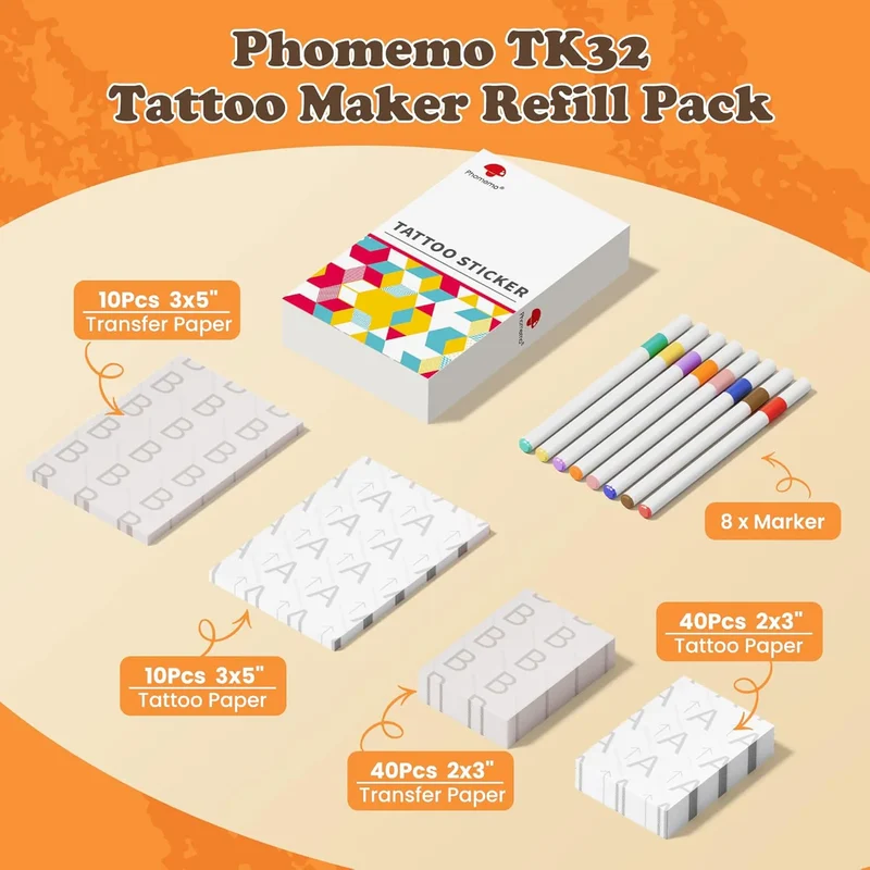 Phomemo TK32 Tattoo Maker Refill Pack,Includes 50pcs Tattoo&Transfer Papers and 8 Markers