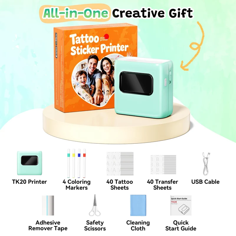 Phomemo TK20 Bluetooth-Drucker für temporäre Tattoos, inklusive 40 Blatt Tattoo-Papier und 4 Stiften