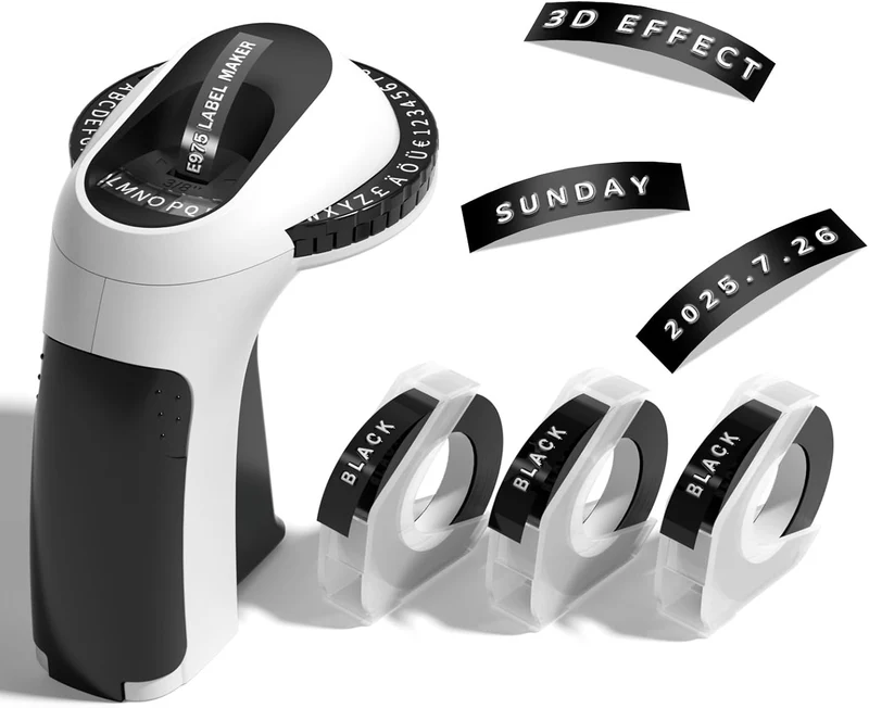 Phomemo Embossing Label Maker,Embossed Label Maker Machine with Tape,E975 Embosser Label Makers 3D Labeller,Vintage Label Printers for Home Use,Office and DIY with 3pcs Black Tape 9mm Standard Printer