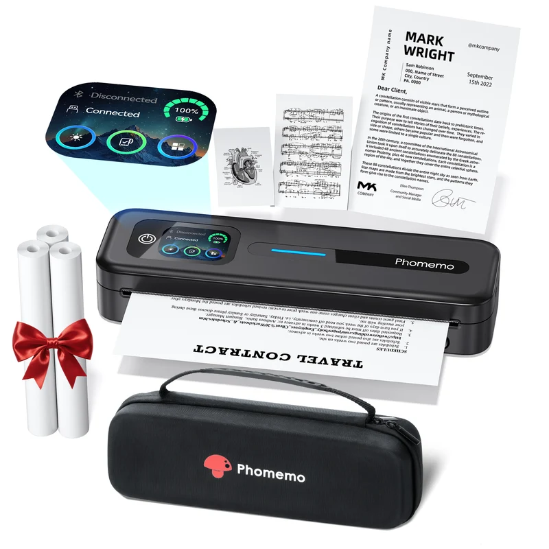 Phomemo M832D Portable Thermal Printer, A4 Touchscreen Bluetooth Inkless Printer for Home, 300dpi Mobile Printers Compatible with Phone & Laptop, Includes Carrying Case & 3 Rolls A4 Size Thermal Paper