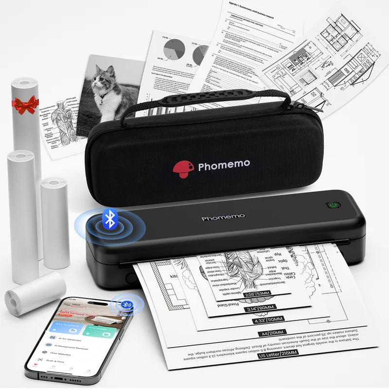 Phomemo M834 Thermodrucker A4, Mobiler Drucker A4 für Unterwegs, Büro, Schule, Zuhause, Kompatibel mit Smartphones und Computern, Tragbarer Drucker mit Tragetasche und 4 Rollen Thermopapier