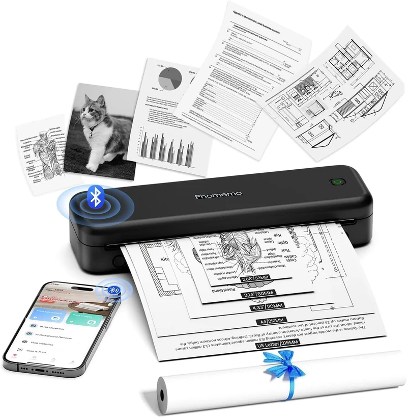 Phomemo M834 Thermodrucker A4, Mobiler Drucker A4 für Unterwegs, Büro, Schule, Zuhause, Kompatibel mit Smartphones und Computern, Tragbarer Drucker mit Tragetasche und 4 Rollen Thermopapier