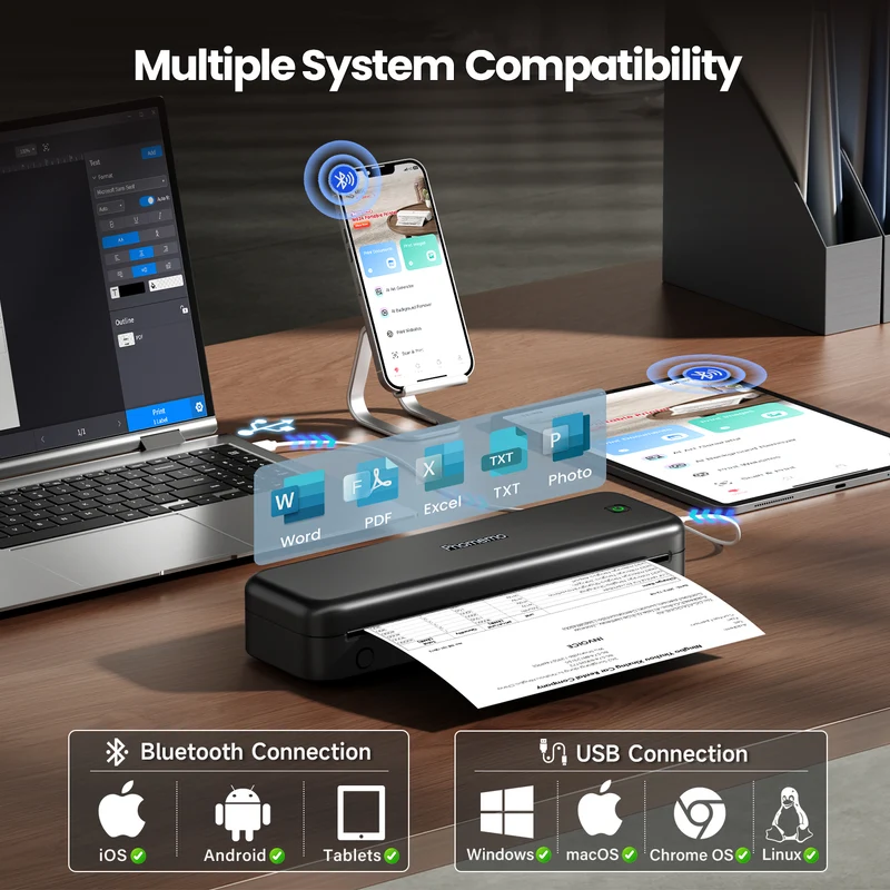 Phomemo M834 Thermodrucker A4, Mobiler Drucker A4 für Unterwegs, Büro, Schule, Zuhause, Kompatibel mit Smartphones und Computern, Tragbarer Drucker mit Tragetasche und 4 Rollen Thermopapier