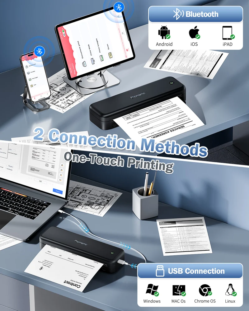 Phomemo M834 Thermodrucker A4, Mobiler Drucker A4 für Unterwegs, Büro, Schule, Zuhause, Kompatibel mit Smartphones und Computern, Tragbarer Drucker mit Tragetasche und 4 Rollen Thermopapier