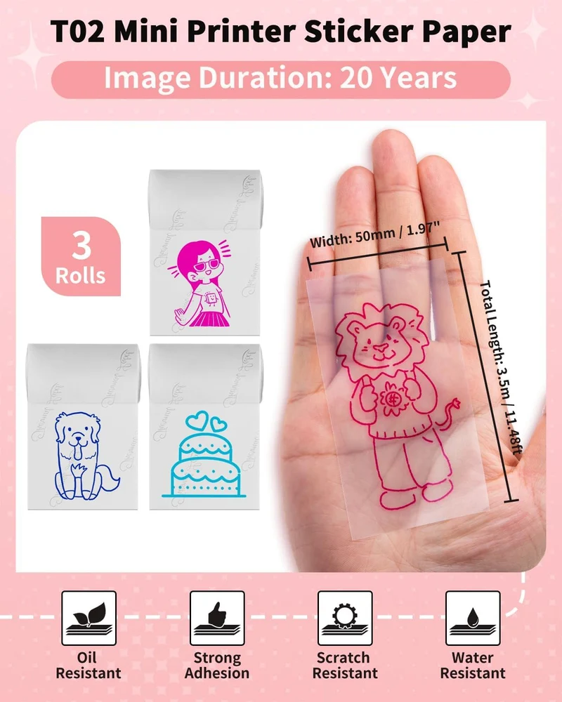 Phomemo Thermal Transparent Sticker Paper | 50mm For T02/M02X | Rose/Blue/Green 3 Rolls