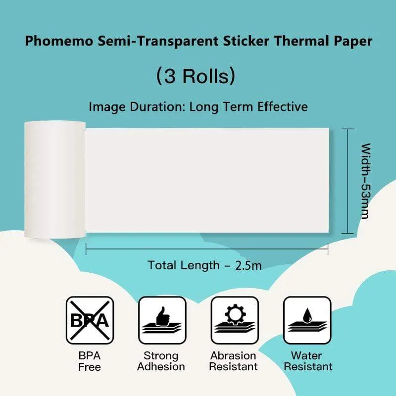 Phomemo 53mm Semi-Transparent Sticker Thermal Paper for M02/M02S/M02Pro/M03/M03AS/M04S/M04AS/M832 3 Rolls