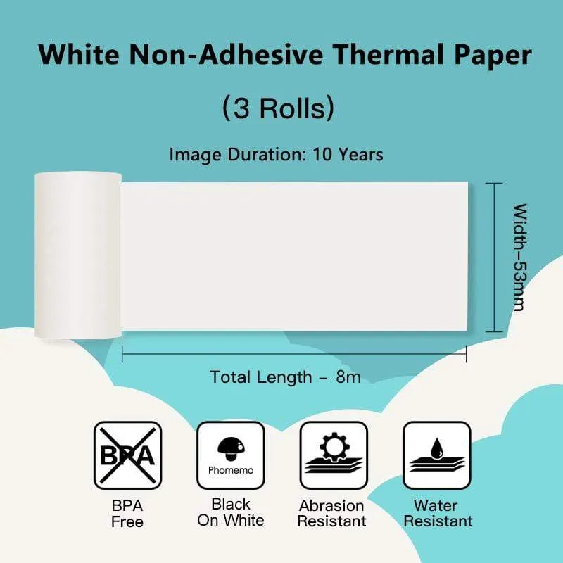 Phomemo 53mm White Non-Adhesive 10-Year-Lasting Thermal Paper for M02/M02S/M02Pro/M03/M03AS/M04S/M04AS/M832 3 Rolls