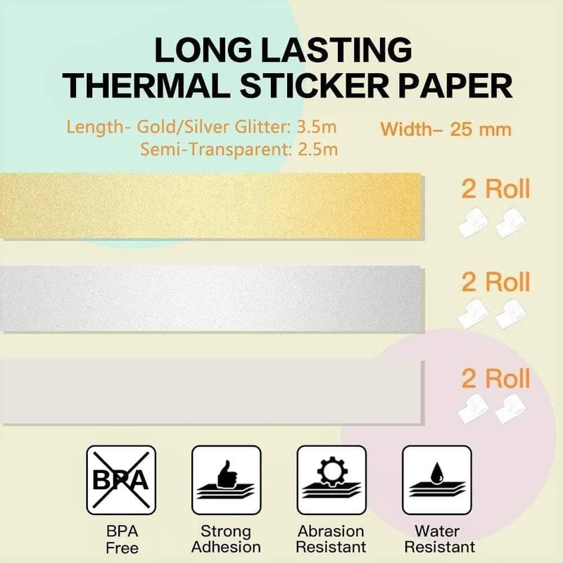 Phomemo 25mm Transparent Sticker Gold Sparkle/Silver Sparkle/Semi-Transparent Small Size Thermal Paper for M02 Pro/M02S 6 Rolls