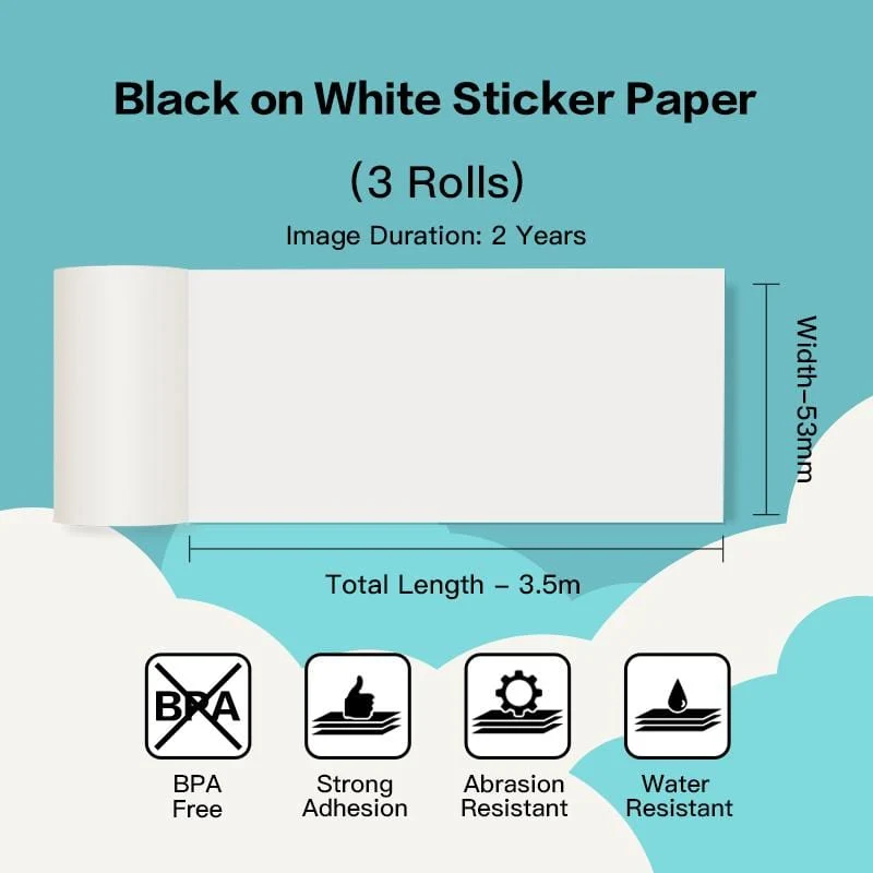 Phomemo 53mm White Sticker 2-Year-Lasting Thermal Paper for T02/M02X/M832 3 Rolls