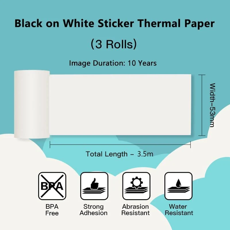 Phomemo 53mm White Sticker 10-Year-Lasting Thermal Paper for T02/M02X/M832 3 Rolls